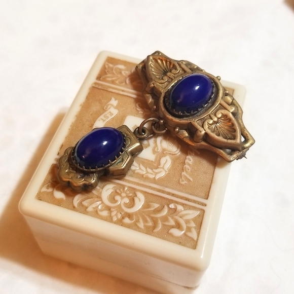 Antique Victorian Reppousse Cobalt Glass Lavaliere Brooch - Picture 3 of 6